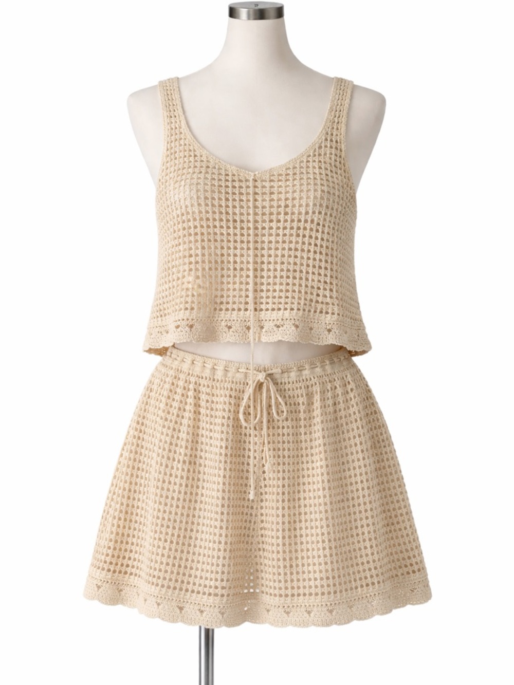 Beige Crochet Mini Skirt - Women's Knit Drawstring Skirt